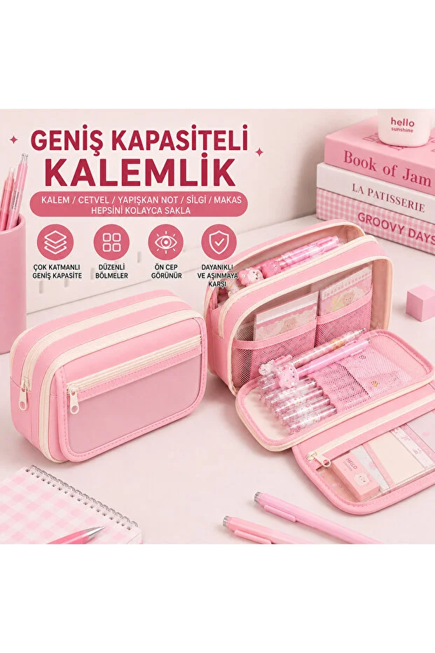 Çok Bölmeli Geniş Kapasiteli Basic Kalemlik Kalem Kutu - Pembe
